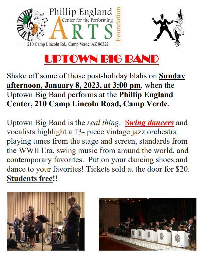 Uptown big band flyer event January 8 at 3 pm at 210 Camp Lincoln Road